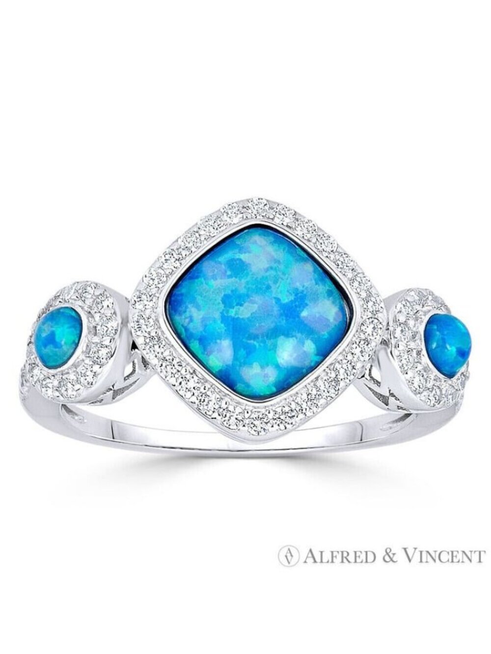 Square & Round Opal & CZ Crystal Ring in .925 Sterling Silver w/ Rhodium Size 6